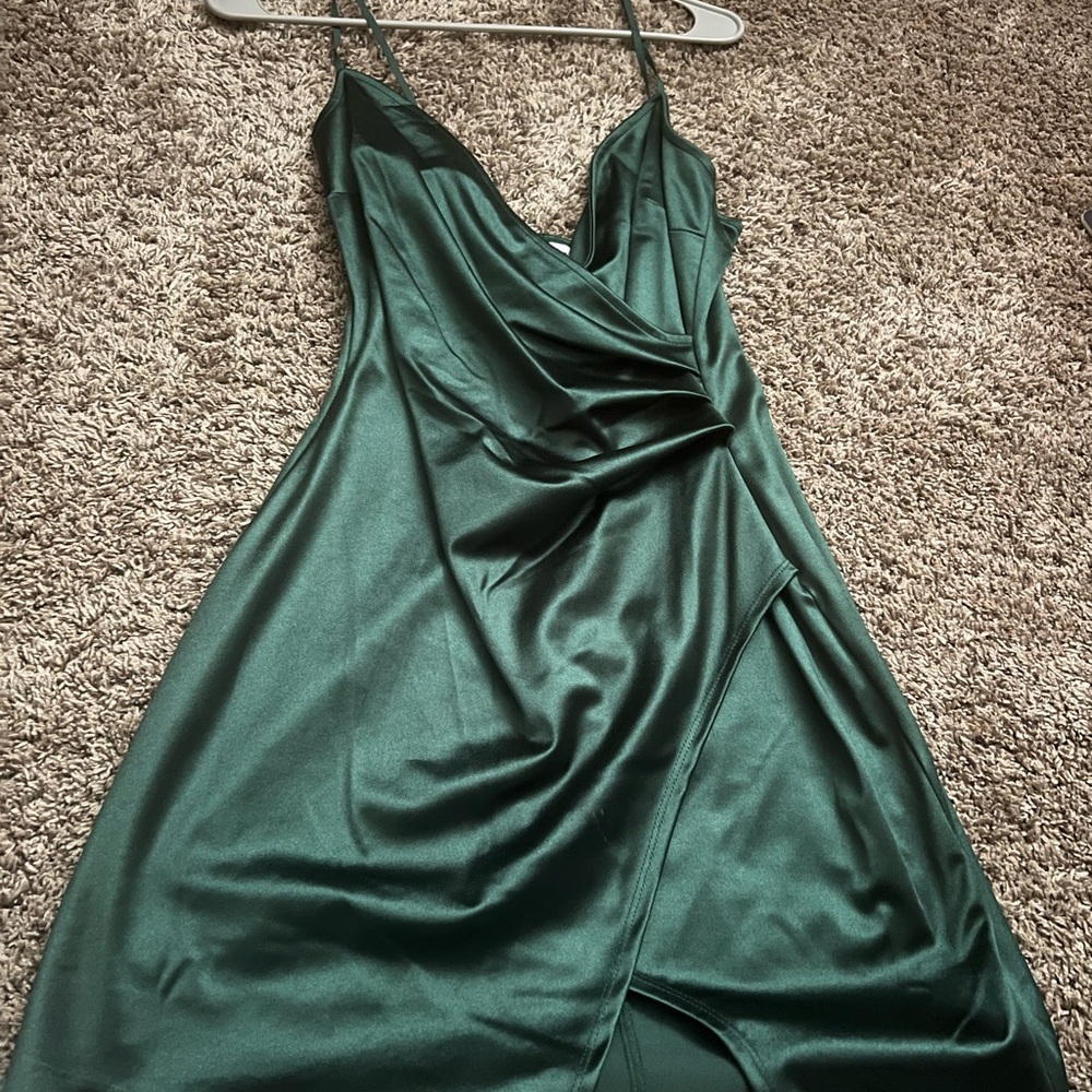 Emerald Sundae Mini Satin Dress in Deep Green